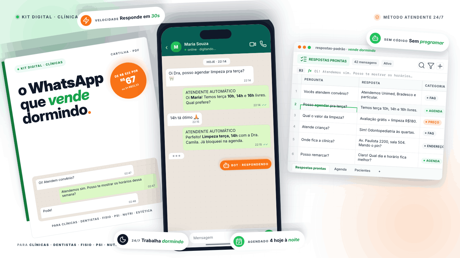 Kit em ação: capa, WhatsApp respondendo paciente e painel de respostas prontas